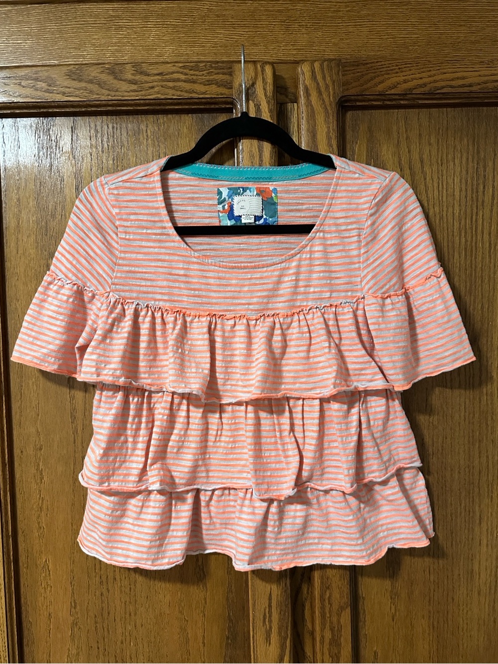 Anthropologie Postmark Tiered Ruffle Crop Tee Orange and Cream Striped Sz S